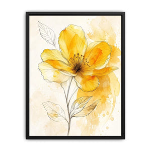 Elegant yellow watercolor flower with delicate botanical line art minimal floral wall art canvas