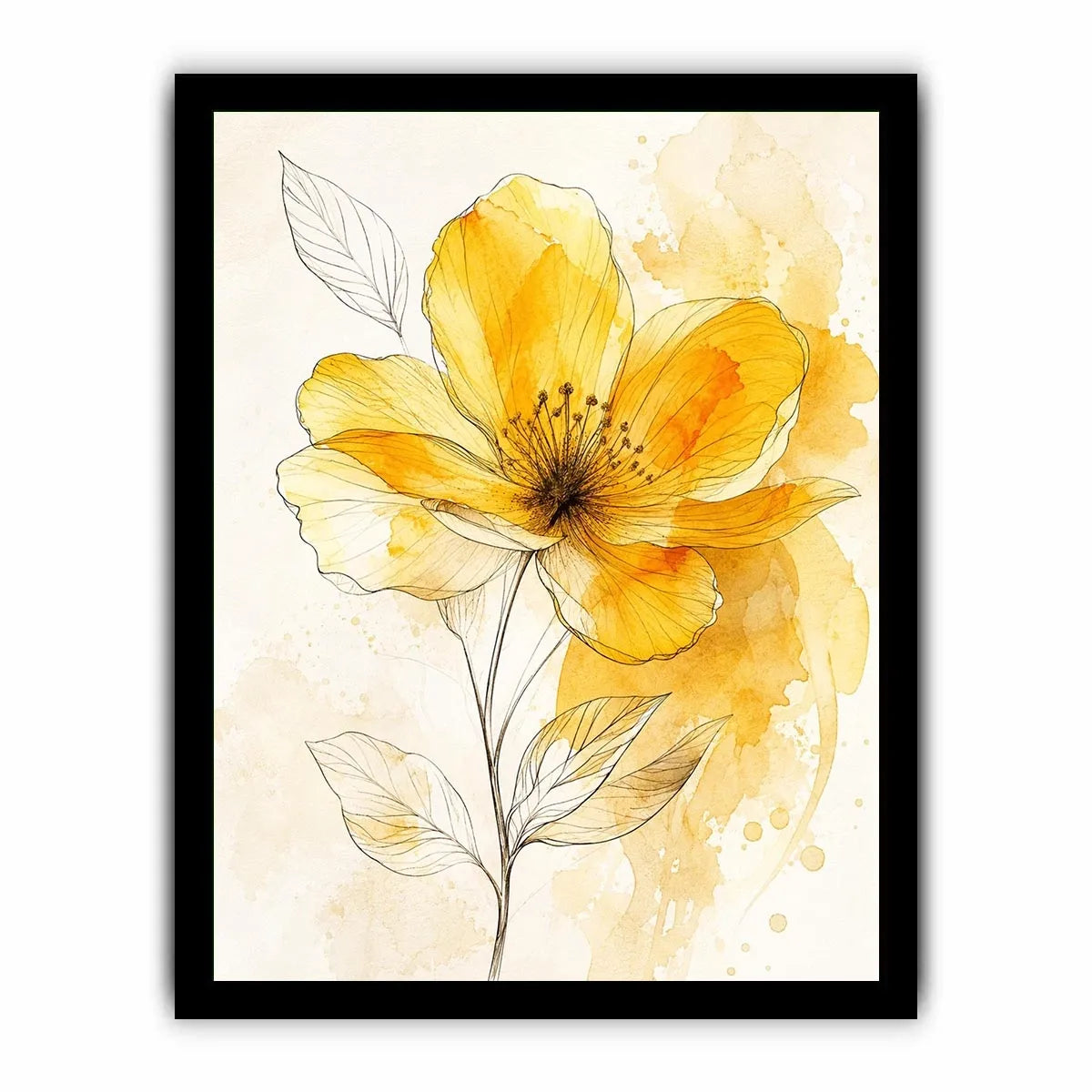 Elegant yellow watercolor flower with delicate botanical line art minimal floral wall art canvas