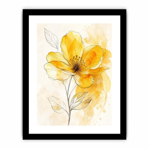 Elegant yellow watercolor flower with delicate botanical line art minimal floral wall art canvas