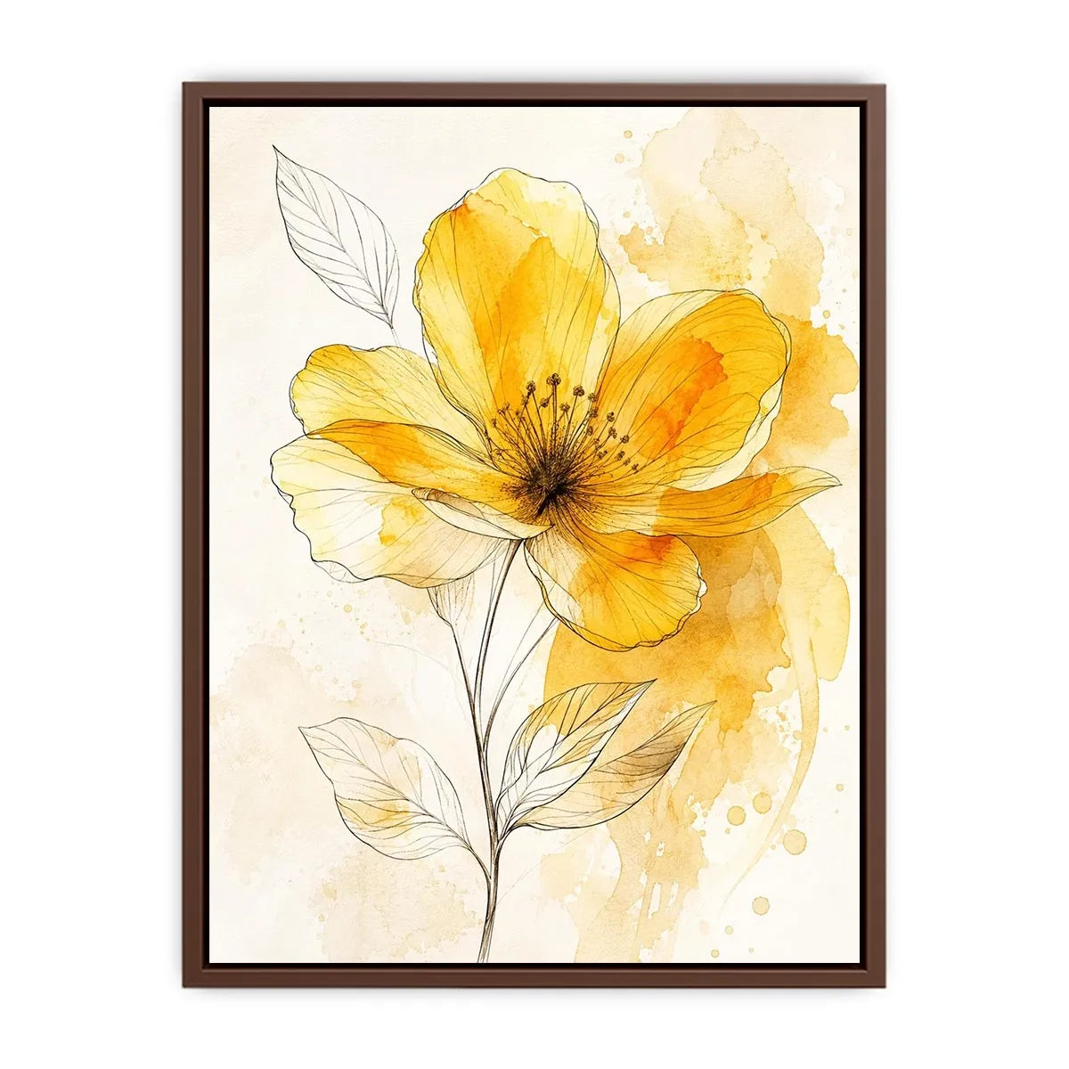 Elegant yellow watercolor flower with delicate botanical line art minimal floral wall art canvas