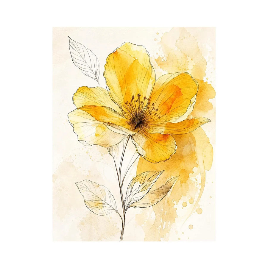 Elegant yellow watercolor flower with delicate botanical line art minimal floral wall art canvas