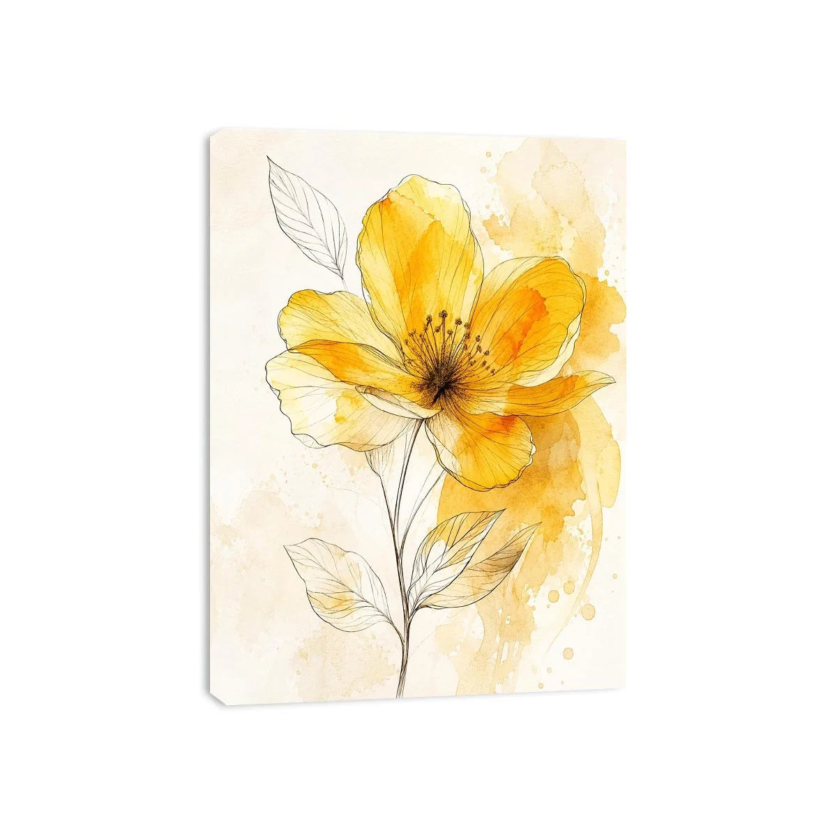 Elegant yellow watercolor flower with delicate botanical line art minimal floral wall art canvas