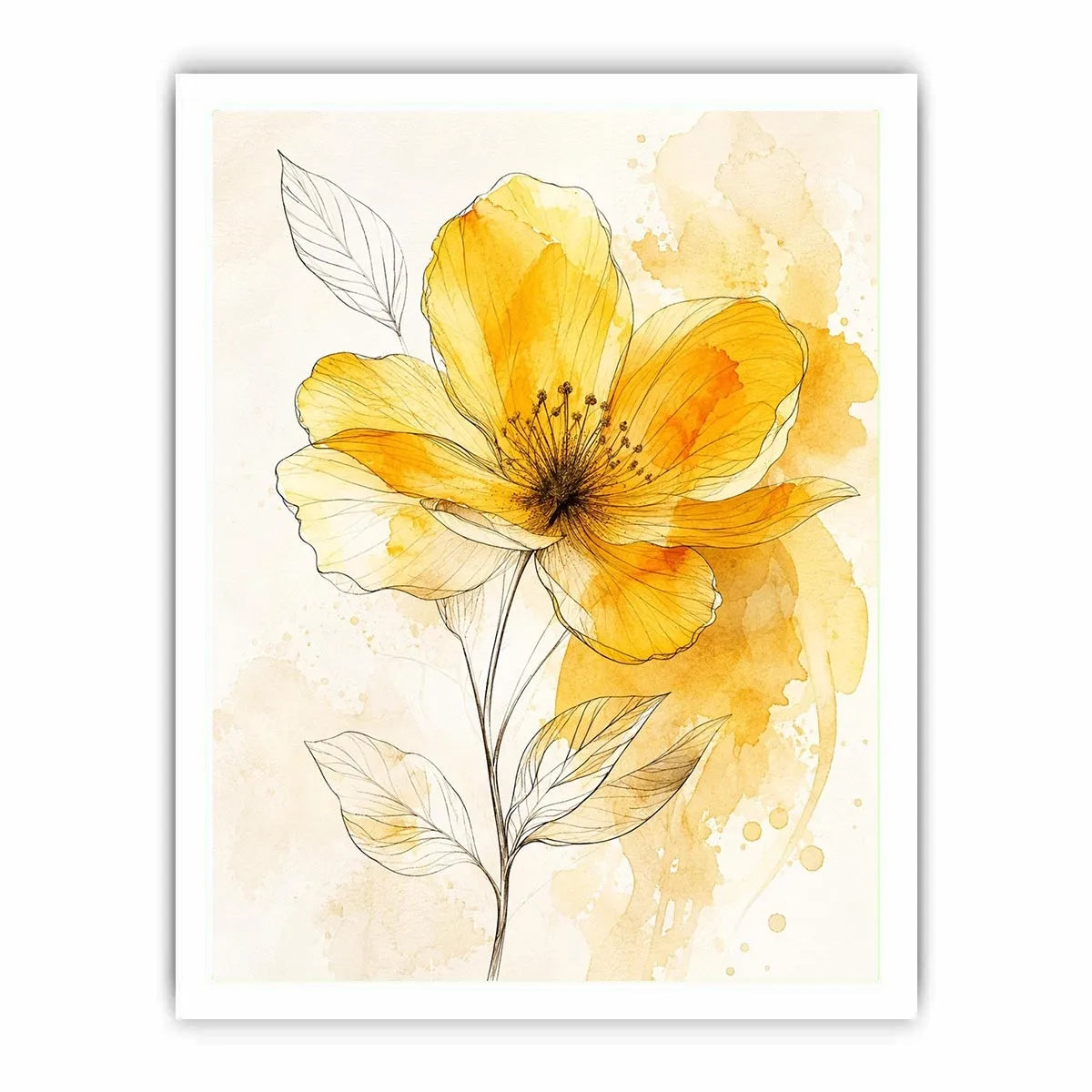 Elegant yellow watercolor flower with delicate botanical line art minimal floral wall art canvas