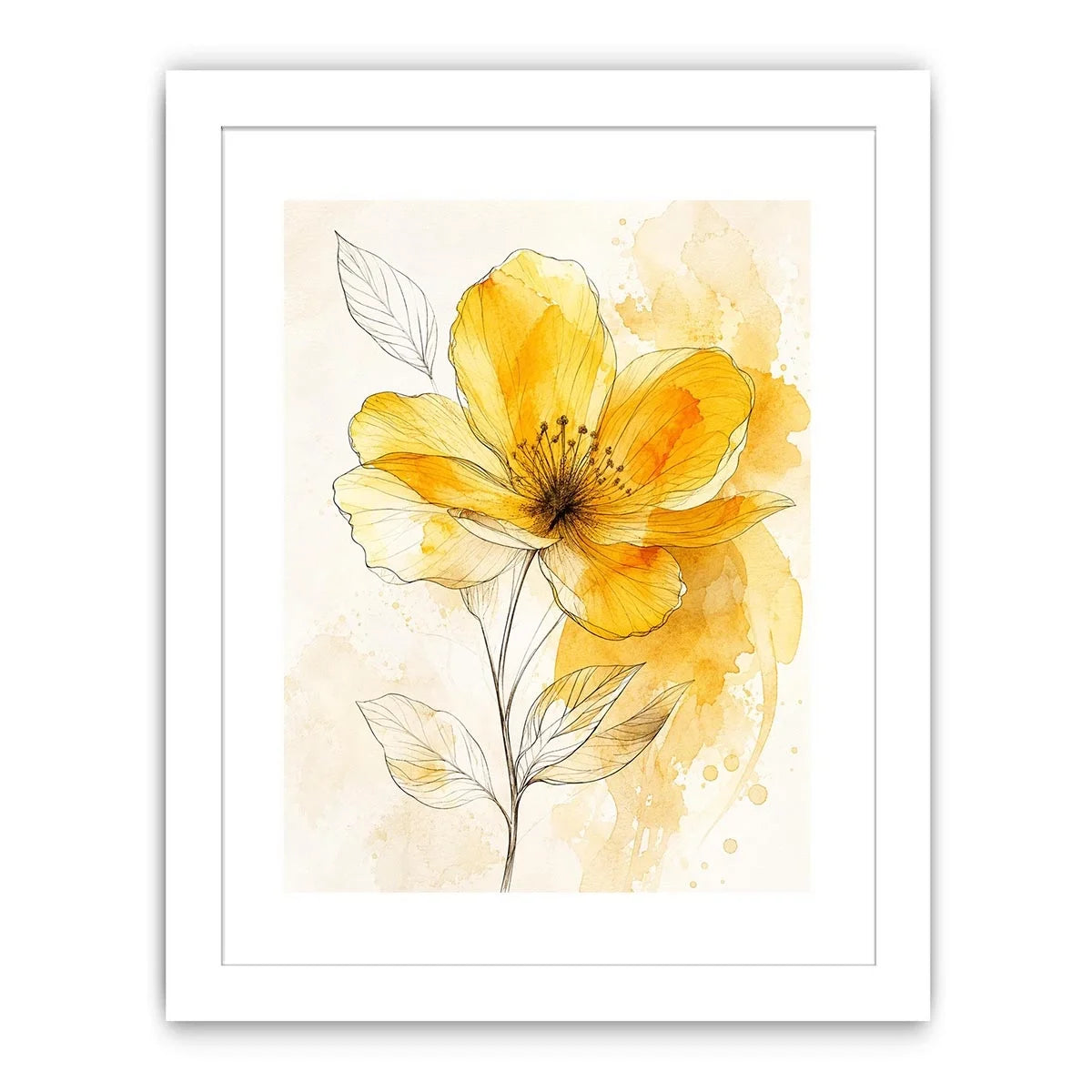 Elegant yellow watercolor flower with delicate botanical line art minimal floral wall art canvas
