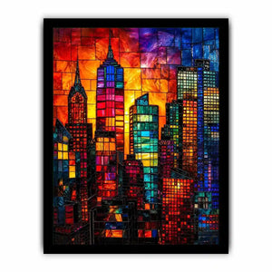 Vibrant stained glass city skyline with colorful skyscrapers and glowing sunset modern urban wall art canvas