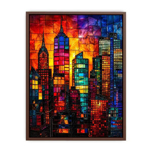 Vibrant stained glass city skyline with colorful skyscrapers and glowing sunset modern urban wall art canvas