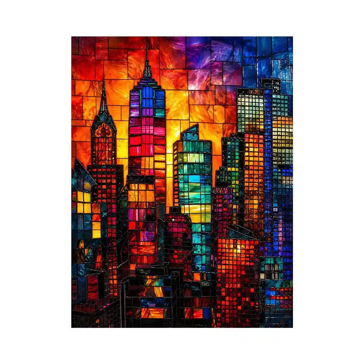 Vibrant stained glass city skyline with colorful skyscrapers and glowing sunset modern urban wall art canvas