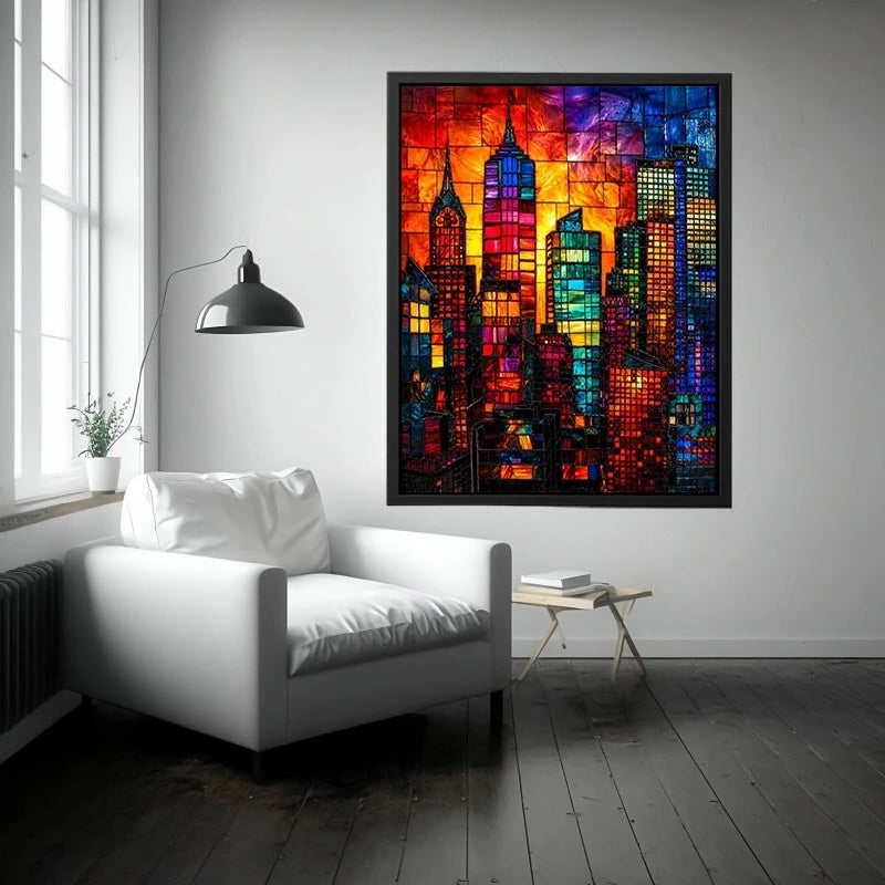 Vibrant stained glass city skyline with colorful skyscrapers and glowing sunset modern urban wall art canvas