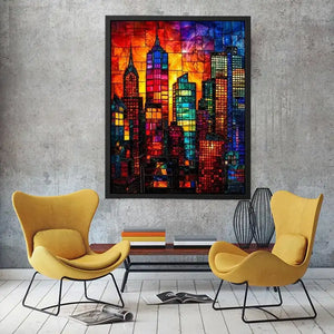 Vibrant stained glass city skyline with colorful skyscrapers and glowing sunset modern urban wall art canvas