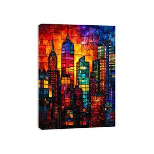 Vibrant stained glass city skyline with colorful skyscrapers and glowing sunset modern urban wall art canvas