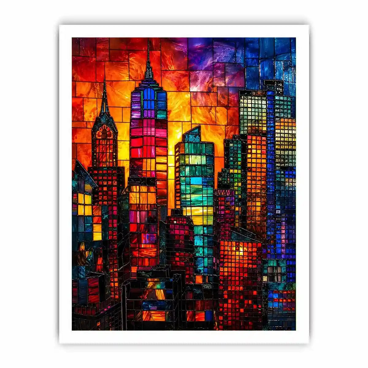 Vibrant stained glass city skyline with colorful skyscrapers and glowing sunset modern urban wall art canvas