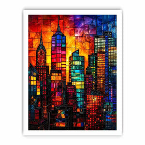 Vibrant stained glass city skyline with colorful skyscrapers and glowing sunset modern urban wall art canvas