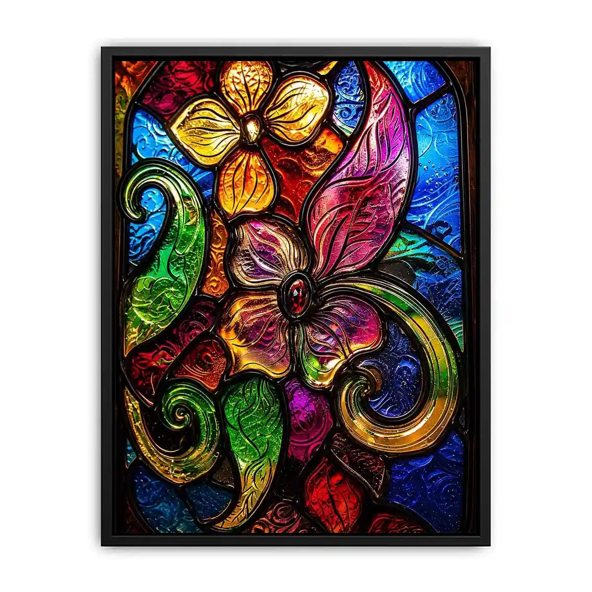 Colorful stained glass floral artwork with vibrant petals and swirling botanical patterns modern wall art canvas
