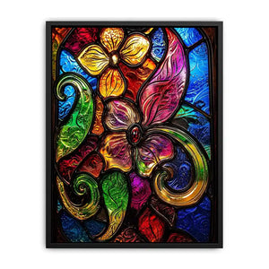 Colorful stained glass floral artwork with vibrant petals and swirling botanical patterns modern wall art canvas
