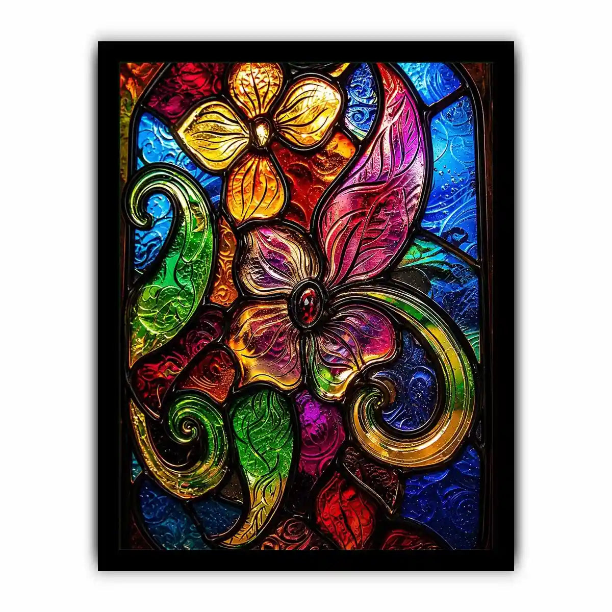 Colorful stained glass floral artwork with vibrant petals and swirling botanical patterns modern wall art canvas