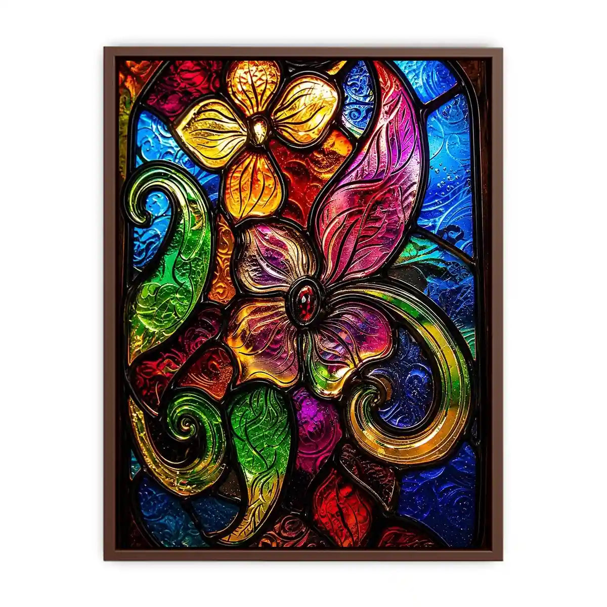 Colorful stained glass floral artwork with vibrant petals and swirling botanical patterns modern wall art canvas