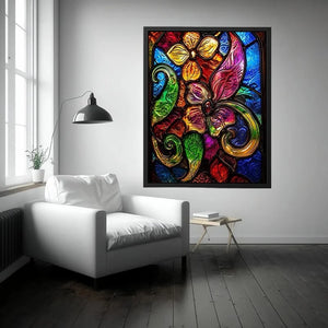 Colorful stained glass floral artwork with vibrant petals and swirling botanical patterns modern wall art canvas