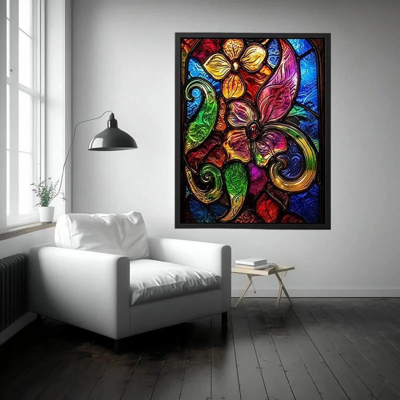 Colorful stained glass floral artwork with vibrant petals and swirling botanical patterns modern wall art canvas