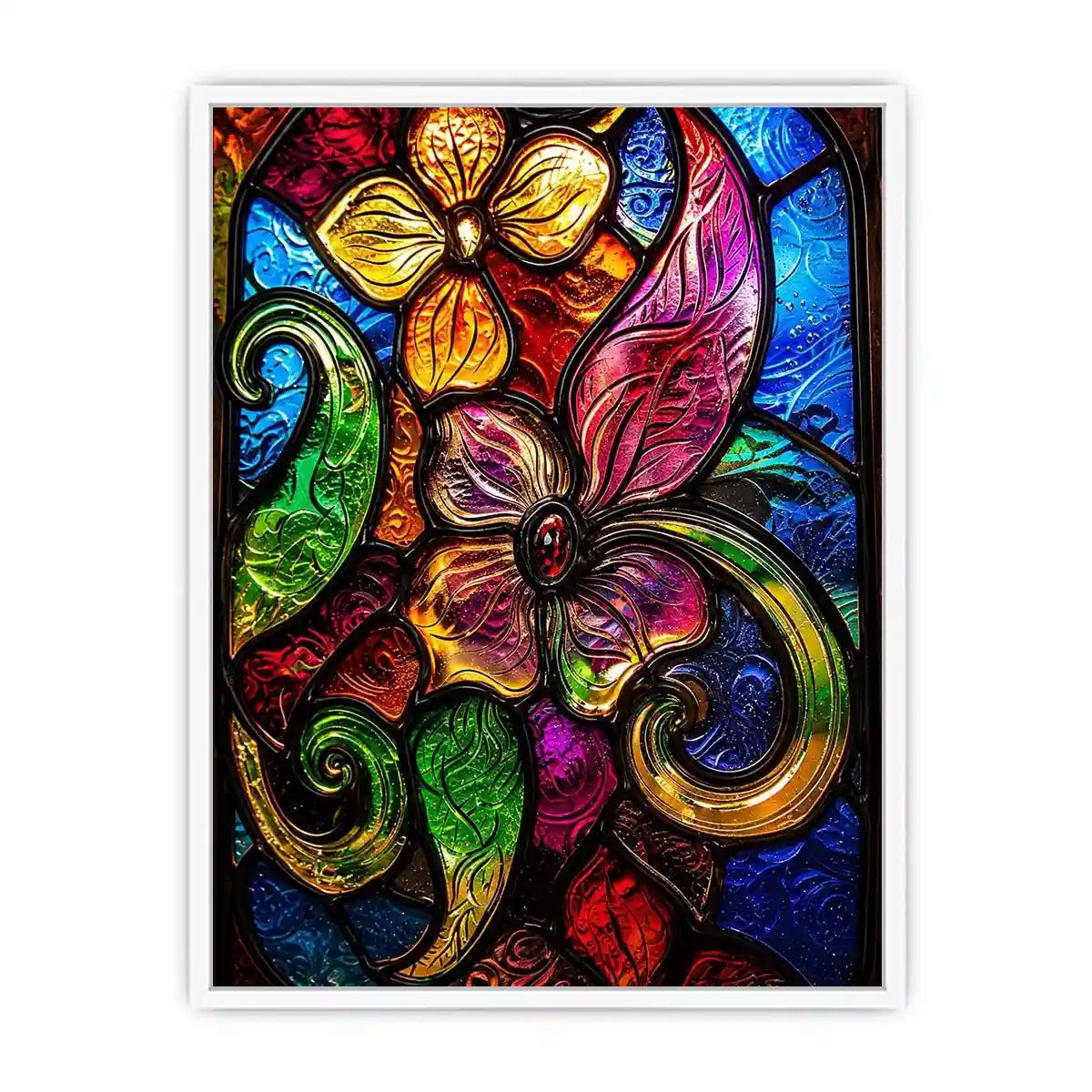 Colorful stained glass floral artwork with vibrant petals and swirling botanical patterns modern wall art canvas