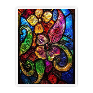 Colorful stained glass floral artwork with vibrant petals and swirling botanical patterns modern wall art canvas
