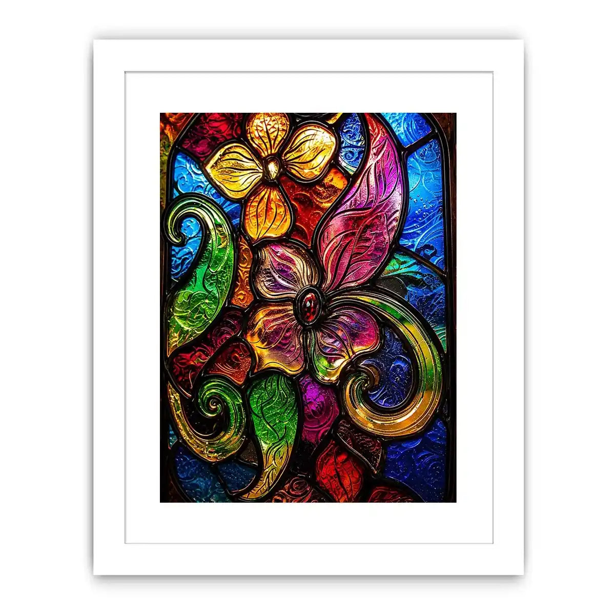 Colorful stained glass floral artwork with vibrant petals and swirling botanical patterns modern wall art canvas