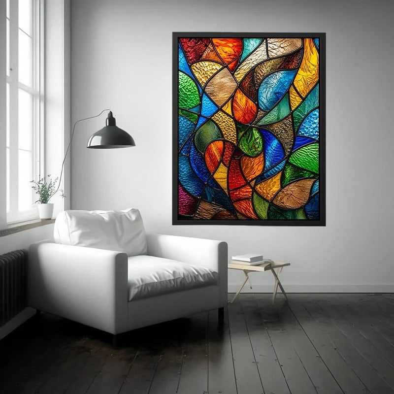 Abstract stained glass mosaic artwork with colorful flowing geometric patterns modern wall art canvas