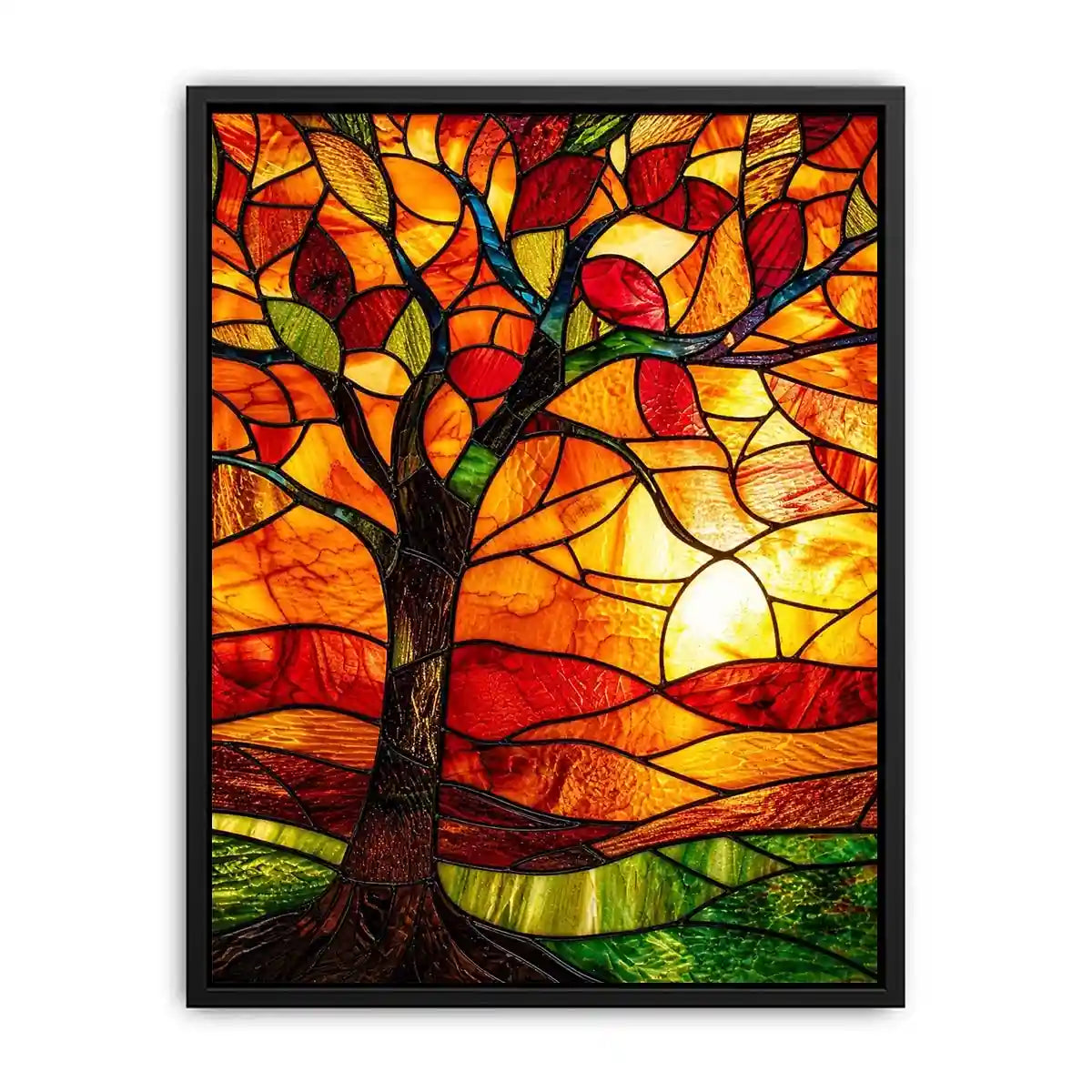 Warm stained glass tree artwork with glowing amber sunset colors and mosaic landscape modern wall art canvas