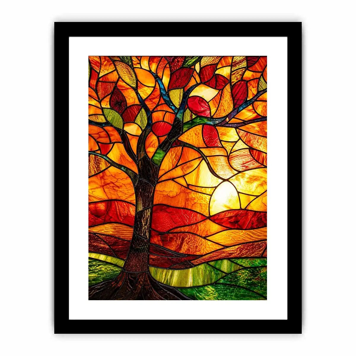Warm stained glass tree artwork with glowing amber sunset colors and mosaic landscape modern wall art canvas