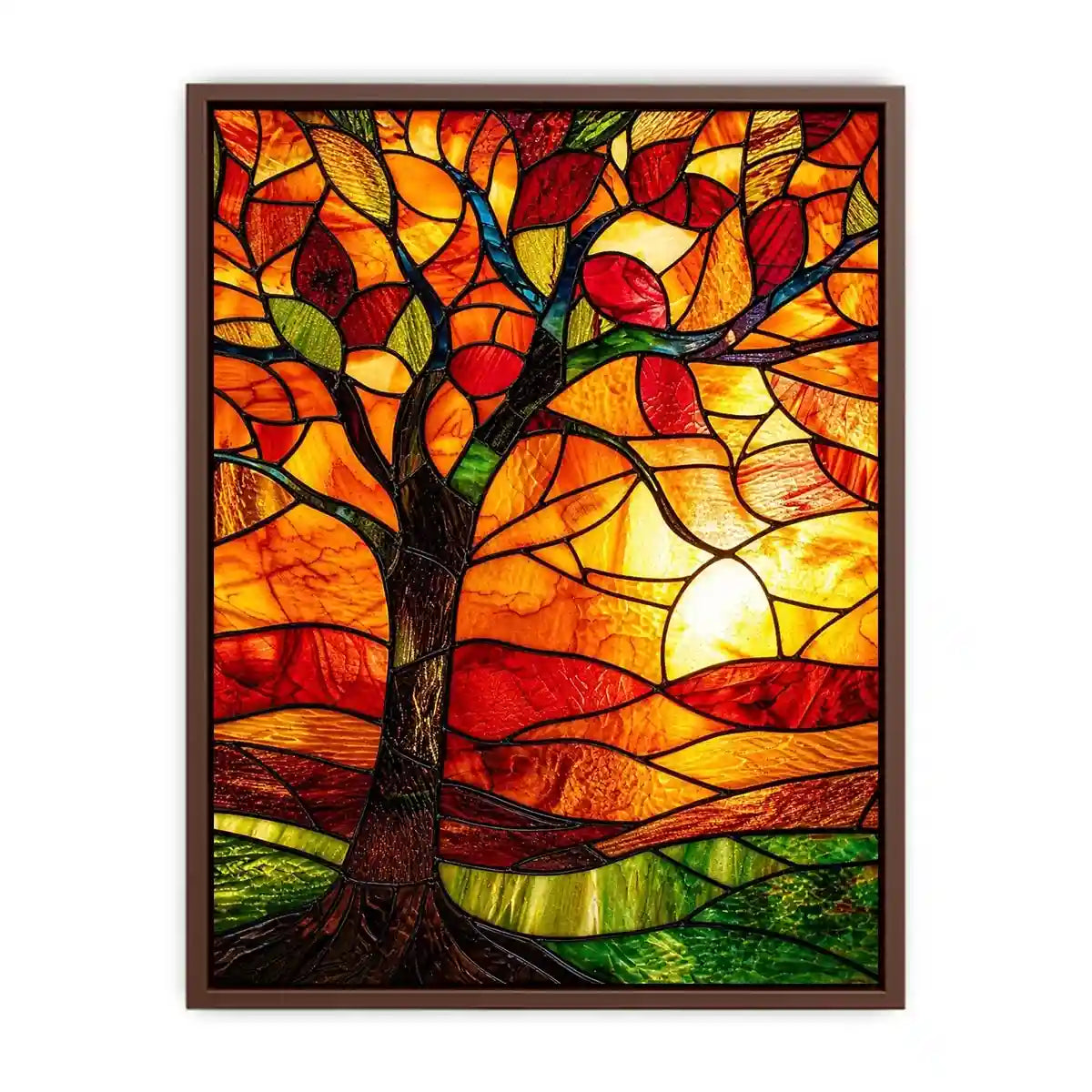 Warm stained glass tree artwork with glowing amber sunset colors and mosaic landscape modern wall art canvas