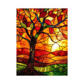 Warm stained glass tree artwork with glowing amber sunset colors and mosaic landscape modern wall art canvas