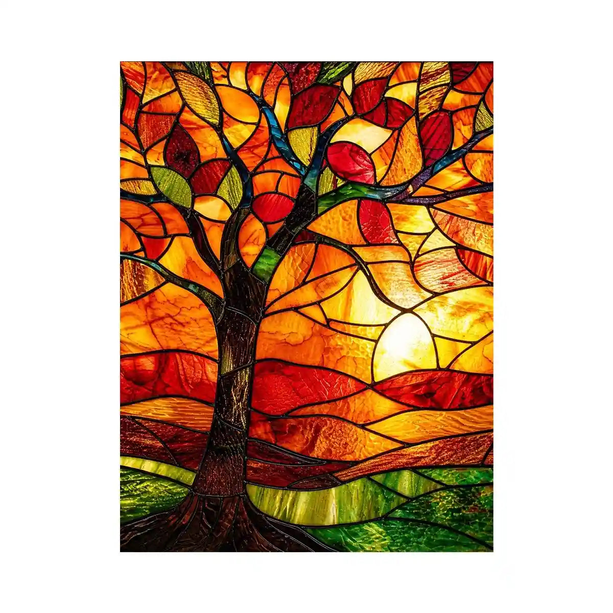 Warm stained glass tree artwork with glowing amber sunset colors and mosaic landscape modern wall art canvas