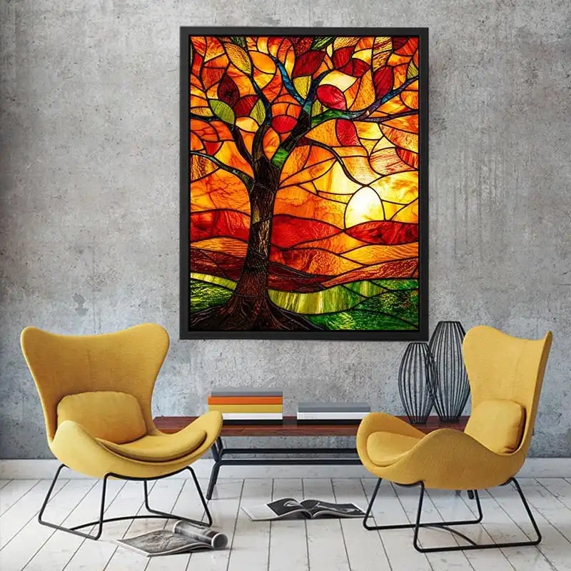 Warm stained glass tree artwork with glowing amber sunset colors and mosaic landscape modern wall art canvas