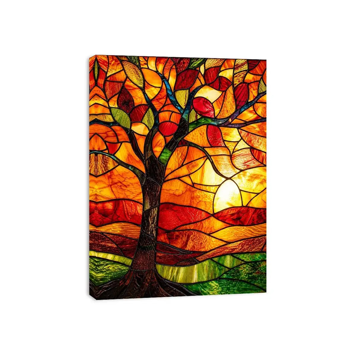 Warm stained glass tree artwork with glowing amber sunset colors and mosaic landscape modern wall art canvas