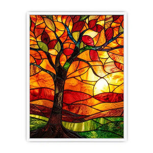 Warm stained glass tree artwork with glowing amber sunset colors and mosaic landscape modern wall art canvas