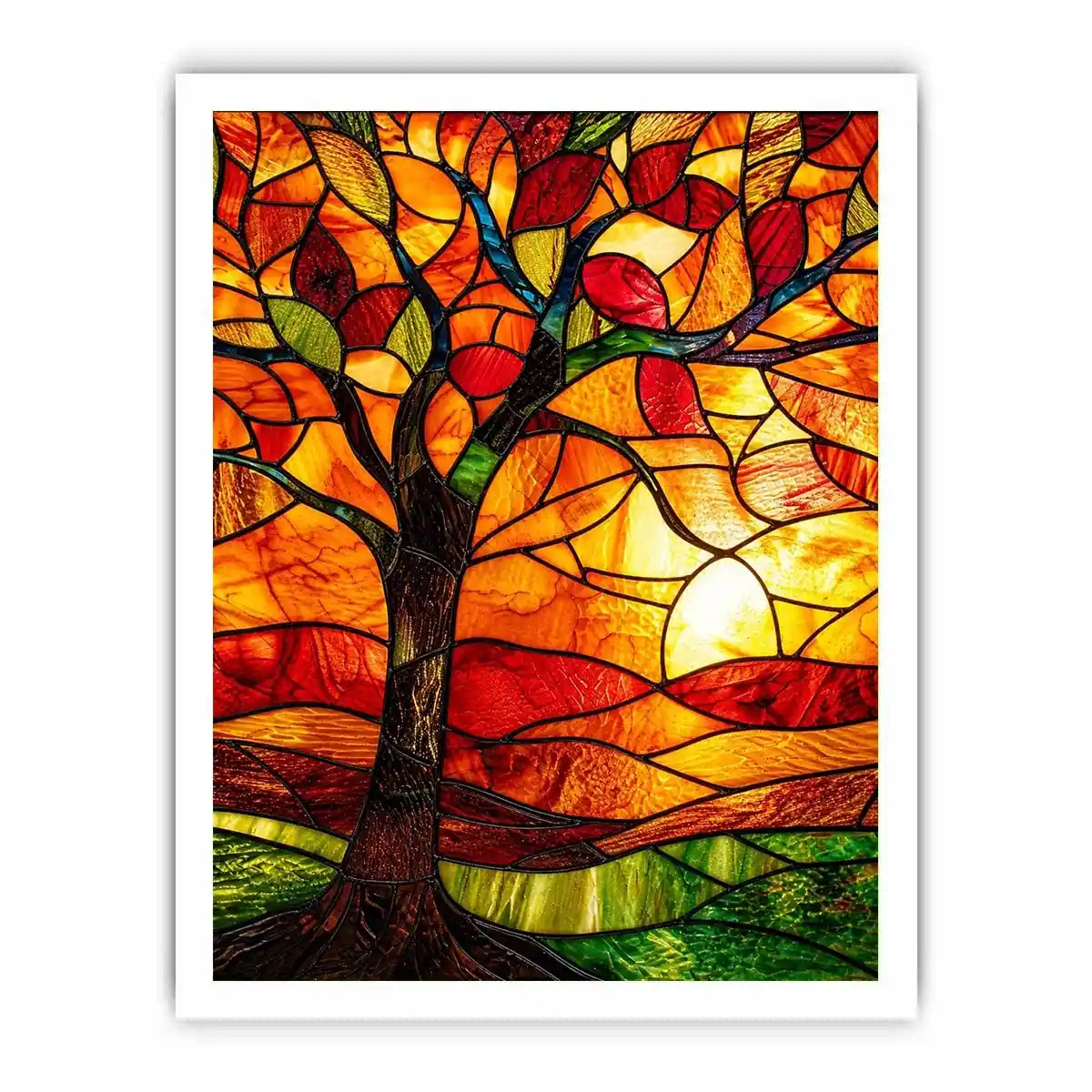 Warm stained glass tree artwork with glowing amber sunset colors and mosaic landscape modern wall art canvas