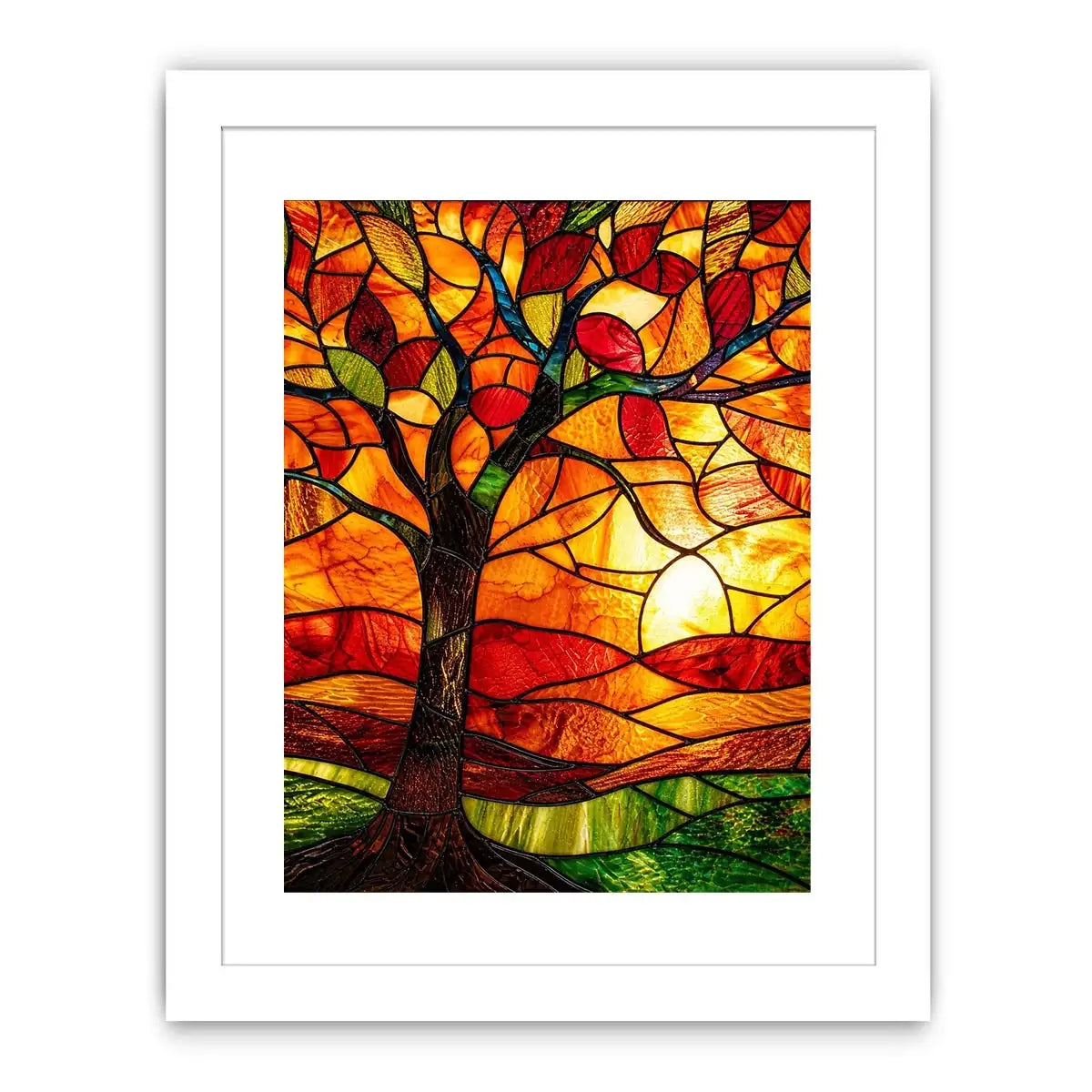Warm stained glass tree artwork with glowing amber sunset colors and mosaic landscape modern wall art canvas