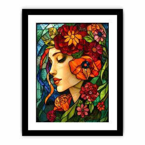 Elegant stained glass portrait of woman surrounded by vibrant flowers colorful Art Nouveau wall art canvas