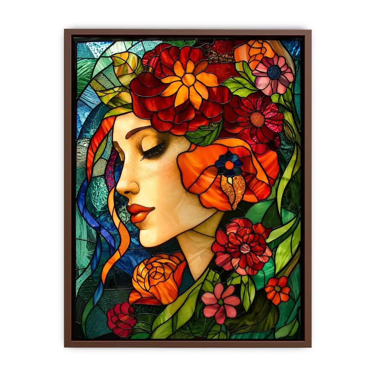 Elegant stained glass portrait of woman surrounded by vibrant flowers colorful Art Nouveau wall art canvas
