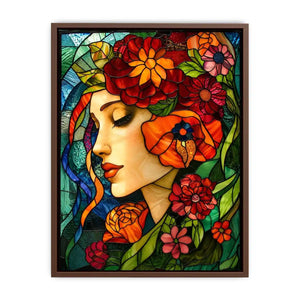 Elegant stained glass portrait of woman surrounded by vibrant flowers colorful Art Nouveau wall art canvas
