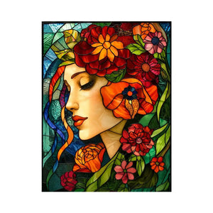 Elegant stained glass portrait of woman surrounded by vibrant flowers colorful Art Nouveau wall art canvas
