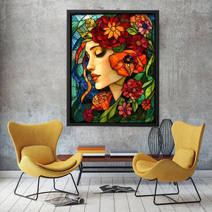 Elegant stained glass portrait of woman surrounded by vibrant flowers colorful Art Nouveau wall art canvas