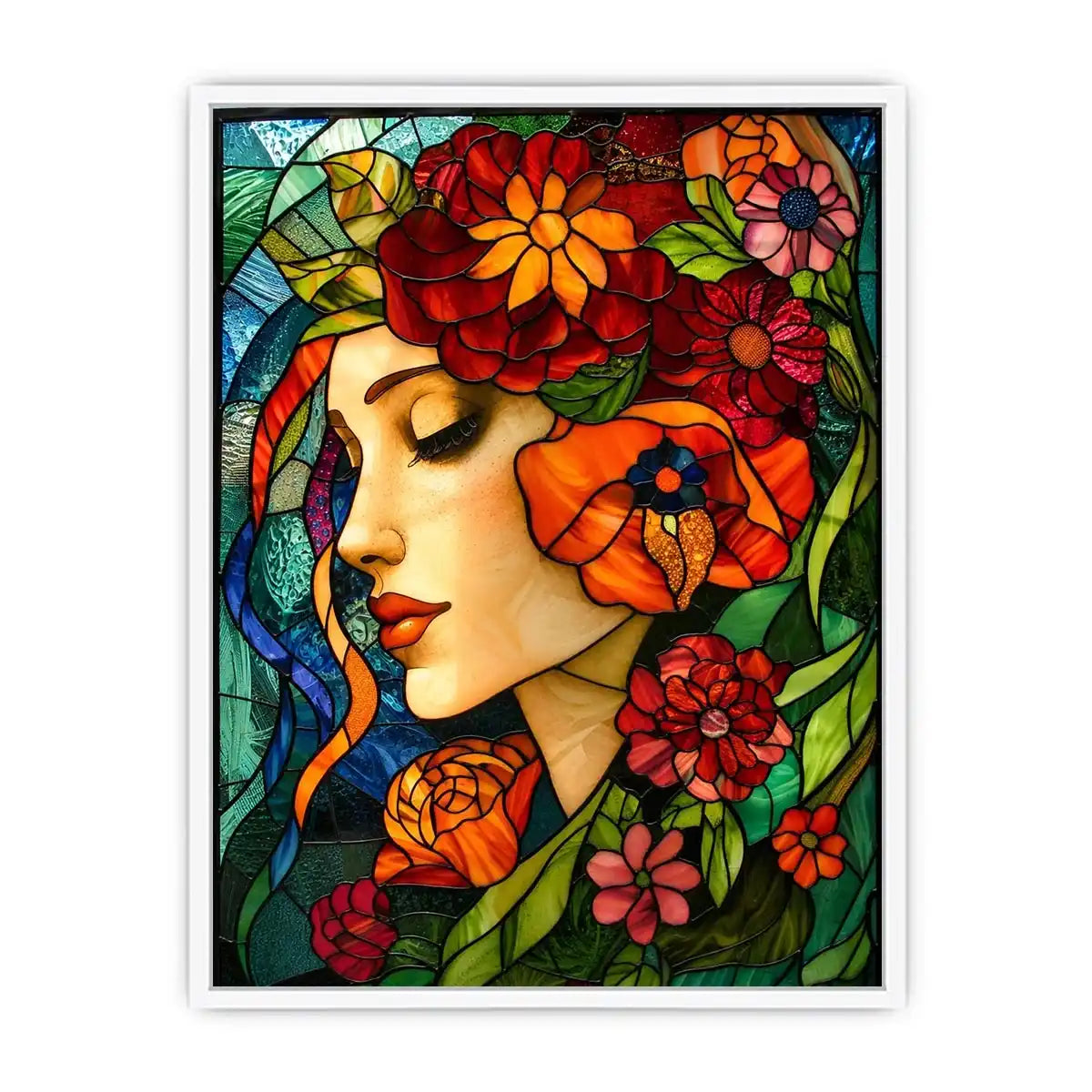 Elegant stained glass portrait of woman surrounded by vibrant flowers colorful Art Nouveau wall art canvas