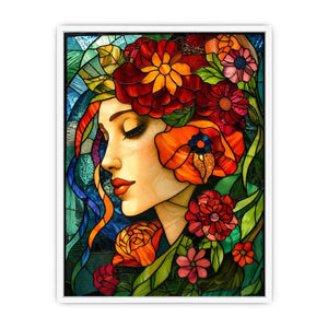 Elegant stained glass portrait of woman surrounded by vibrant flowers colorful Art Nouveau wall art canvas