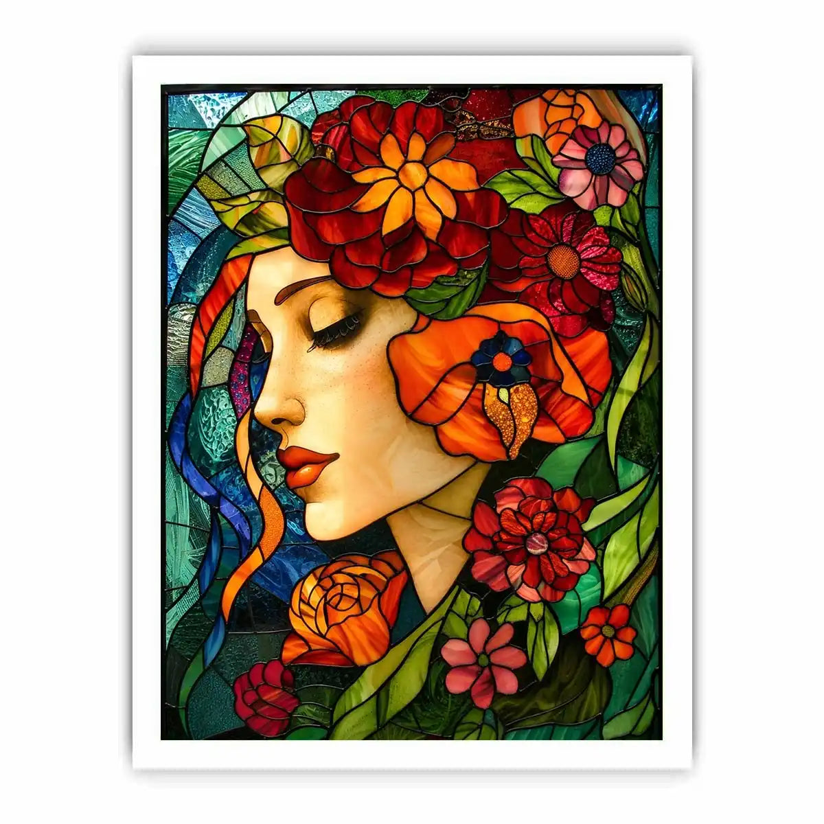 Elegant stained glass portrait of woman surrounded by vibrant flowers colorful Art Nouveau wall art canvas