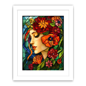 Elegant stained glass portrait of woman surrounded by vibrant flowers colorful Art Nouveau wall art canvas