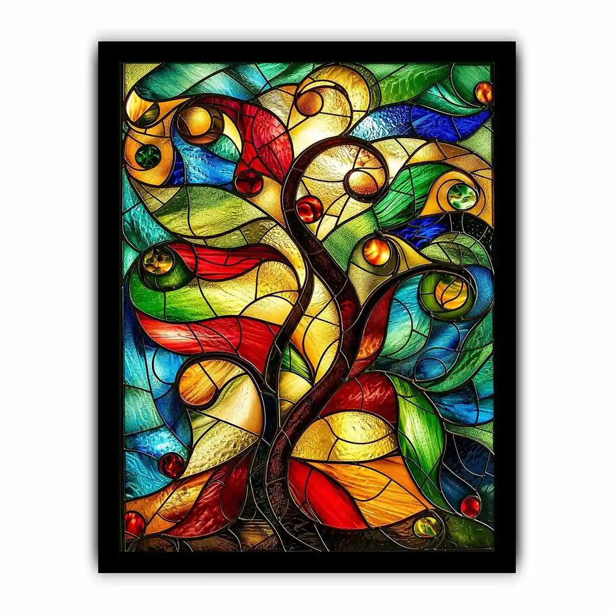 Abstract stained glass artwork with flowing organic curves and colorful jewel toned mosaic modern wall art canvas