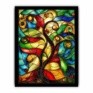 Abstract stained glass artwork with flowing organic curves and colorful jewel toned mosaic modern wall art canvas