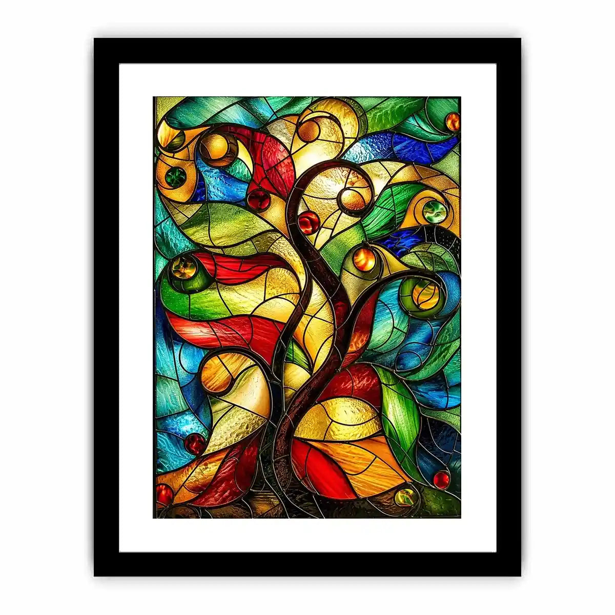 Abstract stained glass artwork with flowing organic curves and colorful jewel toned mosaic modern wall art canvas