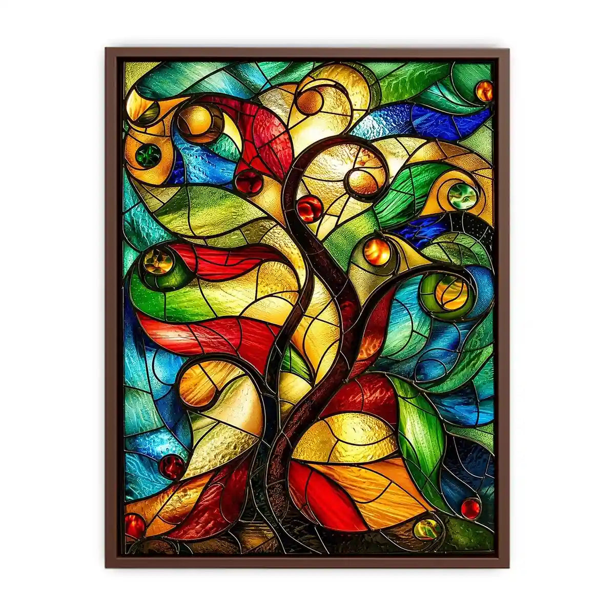 Abstract stained glass artwork with flowing organic curves and colorful jewel toned mosaic modern wall art canvas