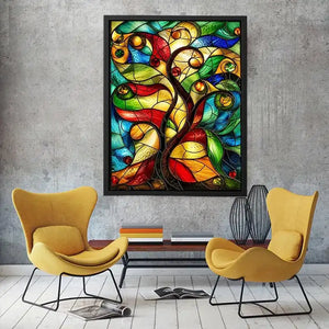 Abstract stained glass artwork with flowing organic curves and colorful jewel toned mosaic modern wall art canvas